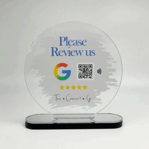 Revuz Crest Google Review Standee 7×7 Round | Luxury Counter Stand | NFC Tap + QR Scan | Open Exact Review Page | Ideal for Stores, Salons, Cafes | Quick Setup