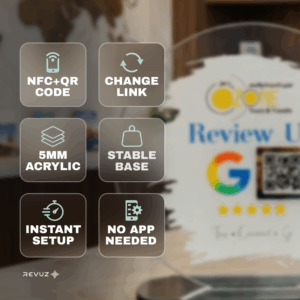 Revuz Crest Google Review Standee 7×7 Round | Luxury Counter Stand | NFC Tap + QR Scan | Open Exact Review Page | Ideal for Stores, Salons, Cafes | Quick Setup