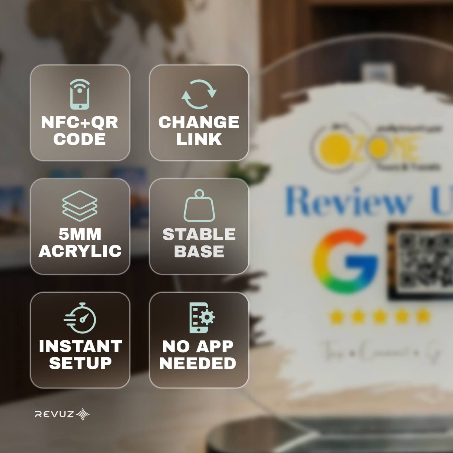 Revuz Crest Google Review Standee 7x7 Round | Luxury Counter Stand | NFC Tap + QR Scan | Open Exact Review Page | Ideal for Stores, Salons, Cafes | Quick Setup - Image 2