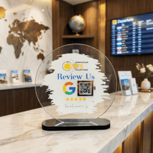 Revuz Crest Google Review Standee 7×7 Round | Luxury Counter Stand | NFC Tap + QR Scan | Open Exact Review Page | Ideal for Stores, Salons, Cafes | Quick Setup