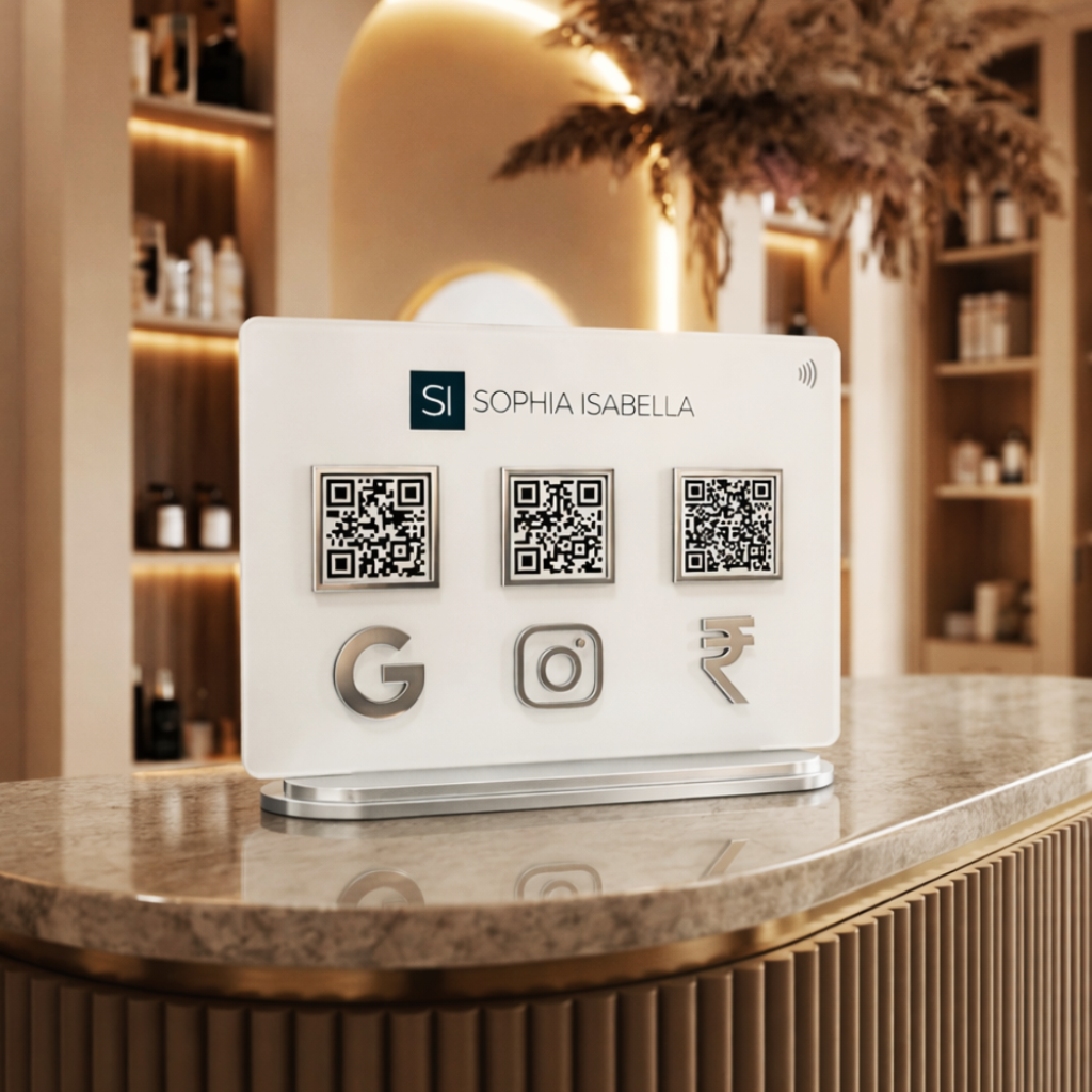 Premium Acrylic Google Reviews + Facebook Reviews QR Stand | Custom Multi QR Tabletop Display
