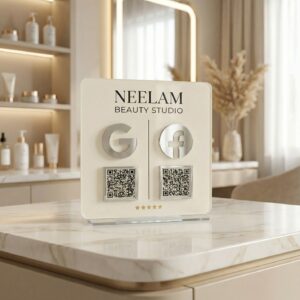 Premium Acrylic NFC Google Reviews and Facebook Reviews QR Stand | Salon and Beauty | 7×7 Inch