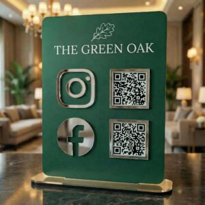 Premium Acrylic NFC Instagram and Facebook QR Stand | Rich Green Luxury Stand | Hotel | 7×5 inch