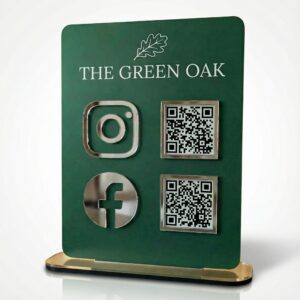 Premium Acrylic NFC Instagram and Facebook QR Stand | Rich Green Luxury Stand | Hotel | 7×5 inch